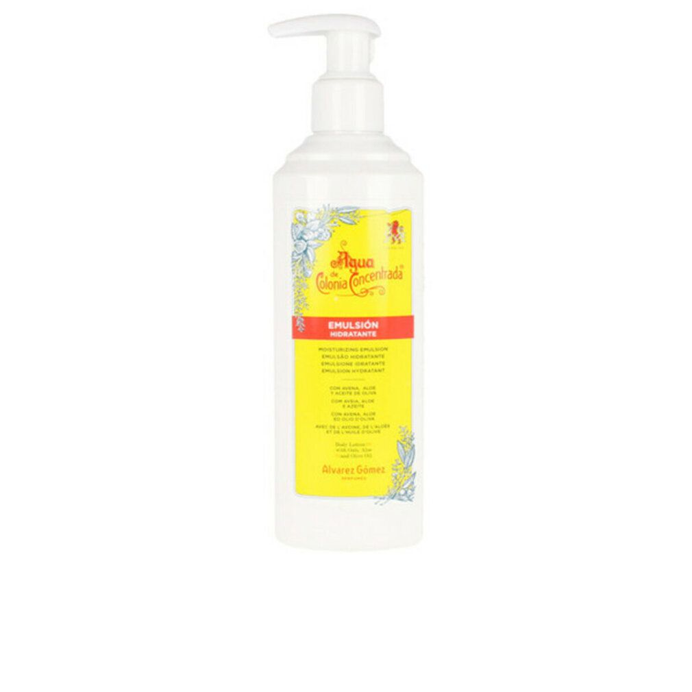 Weiße Flasche mit Dosierpumpe. Gelbes Etikett mit rotem Streifen und Text. Aufschrift: Agua Colonia Concentrada, Emulsión Hidratante.