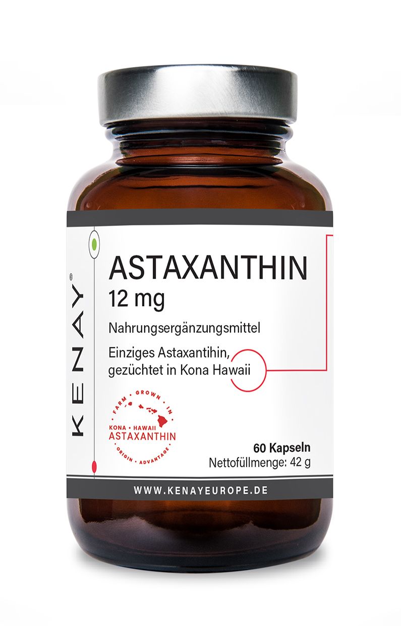 Verpackung Astaxanthin 12mg. Weißes Etikett mit Produktinformationen. KENAY®-Logo. 60 Kapseln.
