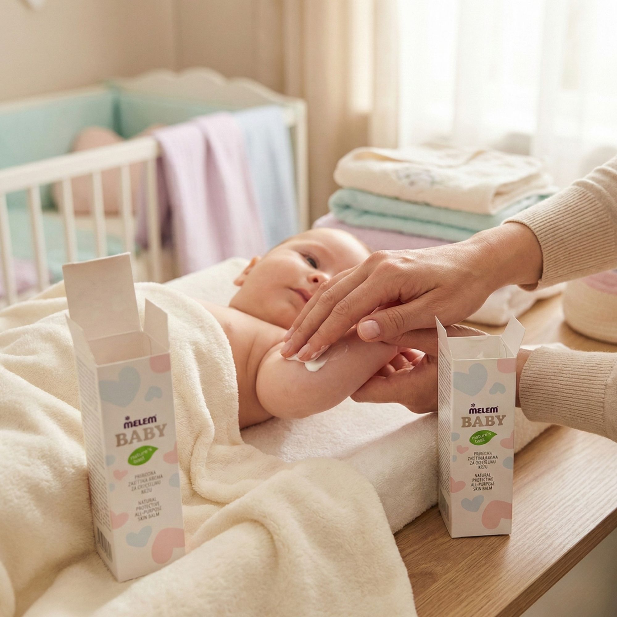Zwei Kartonverpackungen "Melem Baby" neben einem Baby. Text: "Natural Protective All-Purpose Skin Balm". Person trägt Creme auf.