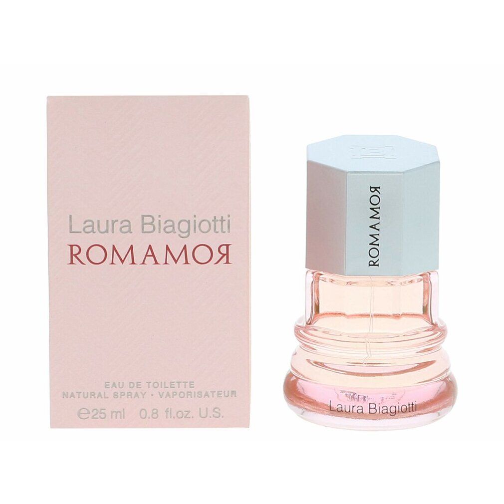 Laura Biagiotti Romamor Eau de Toilette und Verpackung. Flakon und Schachtel. Rosa Flakon, rosa Verpackung.