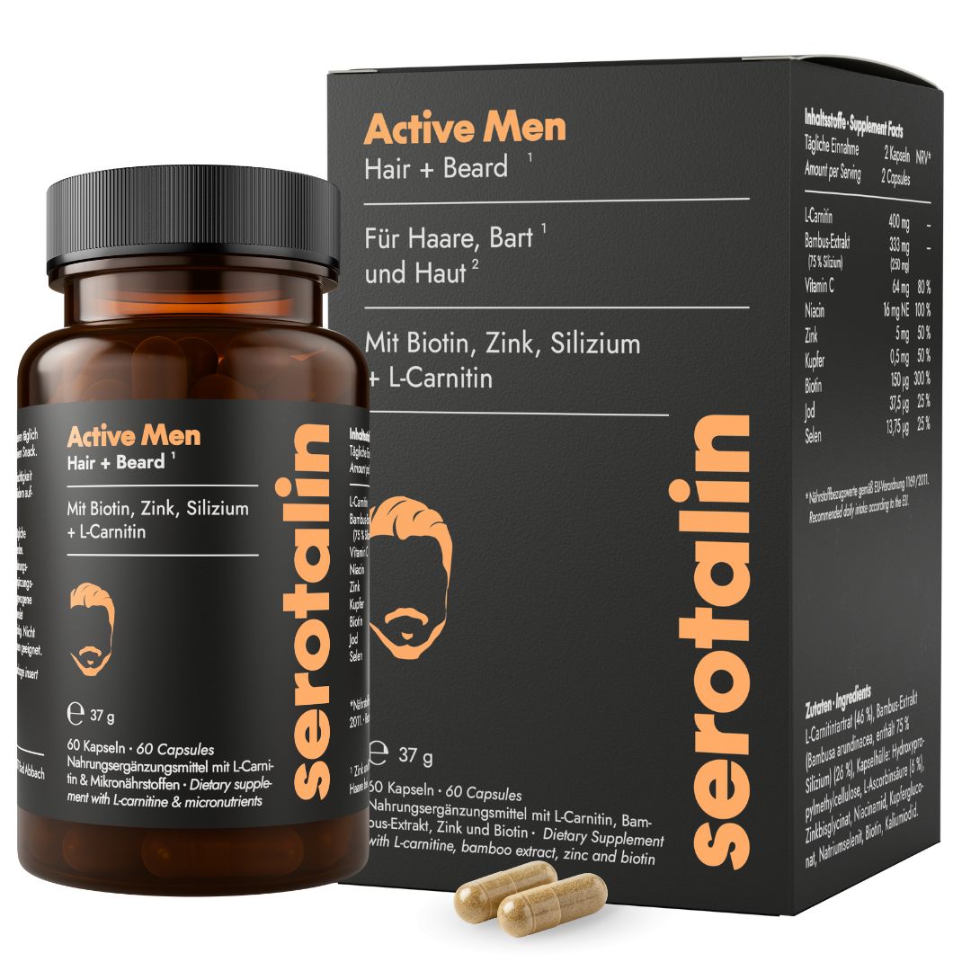 Produktverpackung mit Dose und Schachtel. 'Active Men Hair + Beard'. Mit Biotin, Zink, Silizium, L-Carnitin. 60 Kapseln.