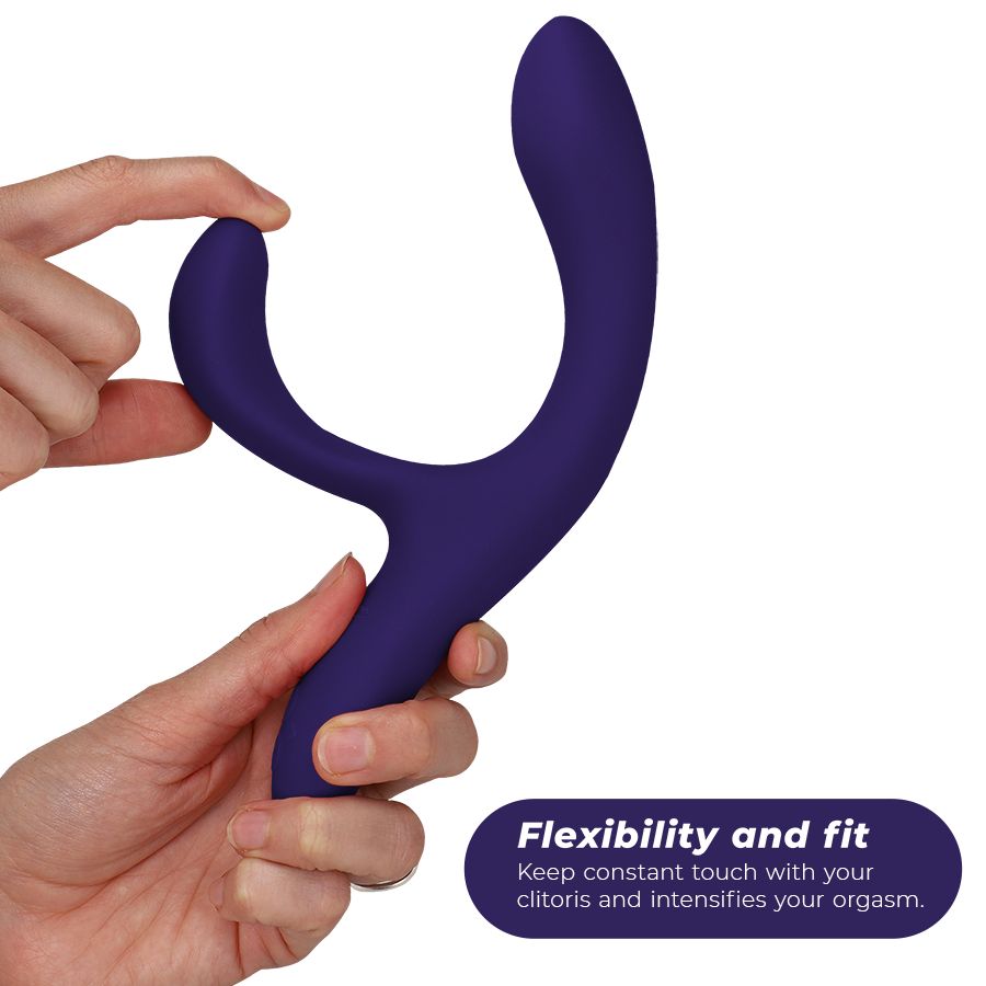 Hände halten einen lila Vibrator. Geschwungene Form. Text: Flexibilität und Passform.