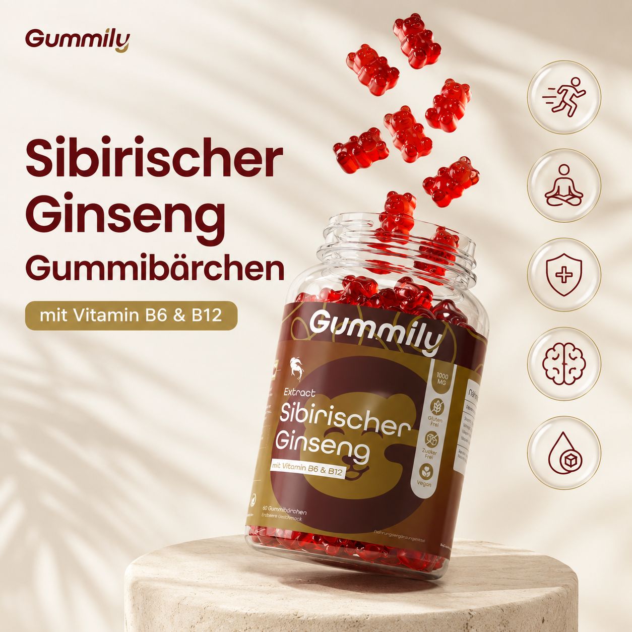 Gummily Sibirischer Ginseng Gummibärchen fliegen aus der Flasche, mit Vitamin B6 & B12.
