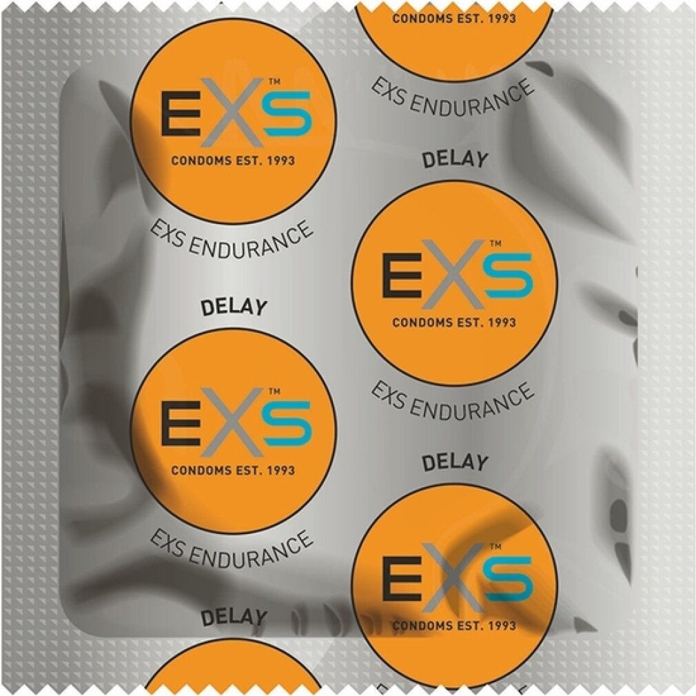 Einzelverpackung mit Kondomen. Orangefarbene Kreise mit Logo und Schriftzug. Text: EXS Endurance Delay.