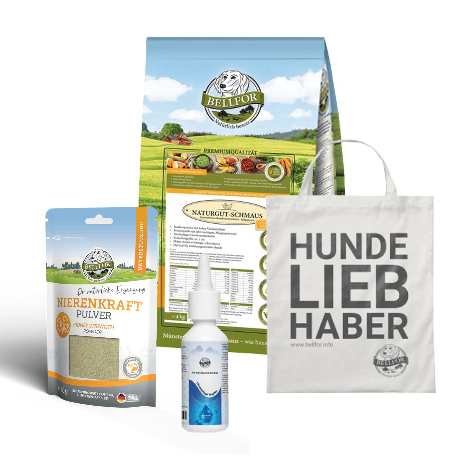 Mehrere Produkte: Futterbeutel, Pulverbeutel, Tropfenflasche, Tragetasche. Alle mit Logo und Text. Natur- und Premiumqualität.