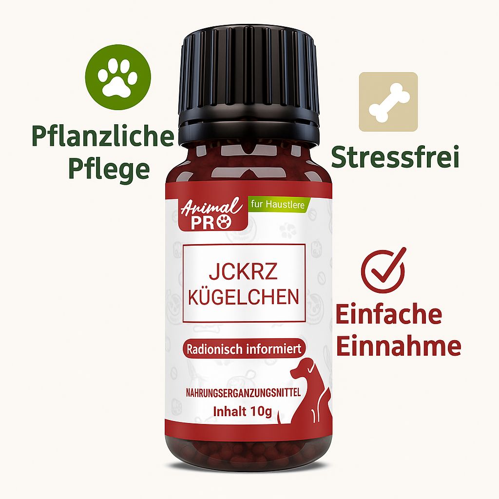 Braune Glasflasche mit schwarzem Deckel. Aufschrift: Animal Pro, JCKRZ Kügelchen, Nahrungsergänzungsmittel, Inhalt 10g. Symbole: Pfote, Knochen, Häkchen.