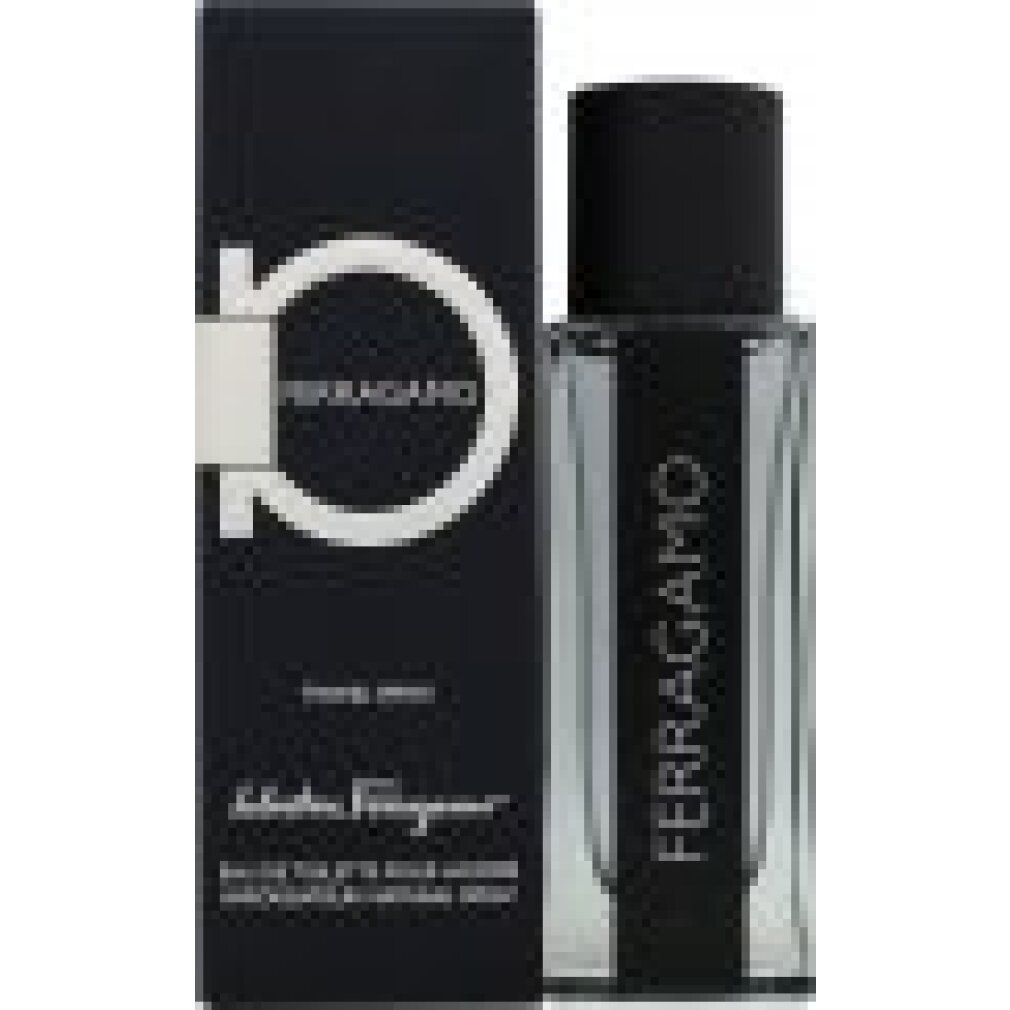 Eau de Toilette mit Verpackung. Transparente Flasche mit schwarzem Deckel. Aufschrift: FERRAGAMO. Schwarze Verpackung mit Logo und Schriftzug.