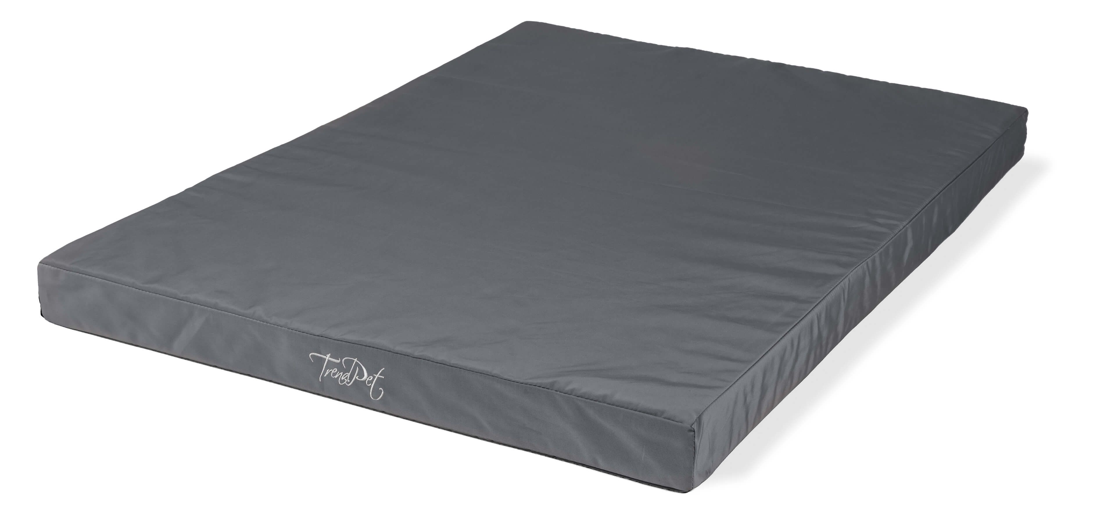 Graue, rechteckige orthopädische Matratze. TrendPet VitaMedog WET Logo.