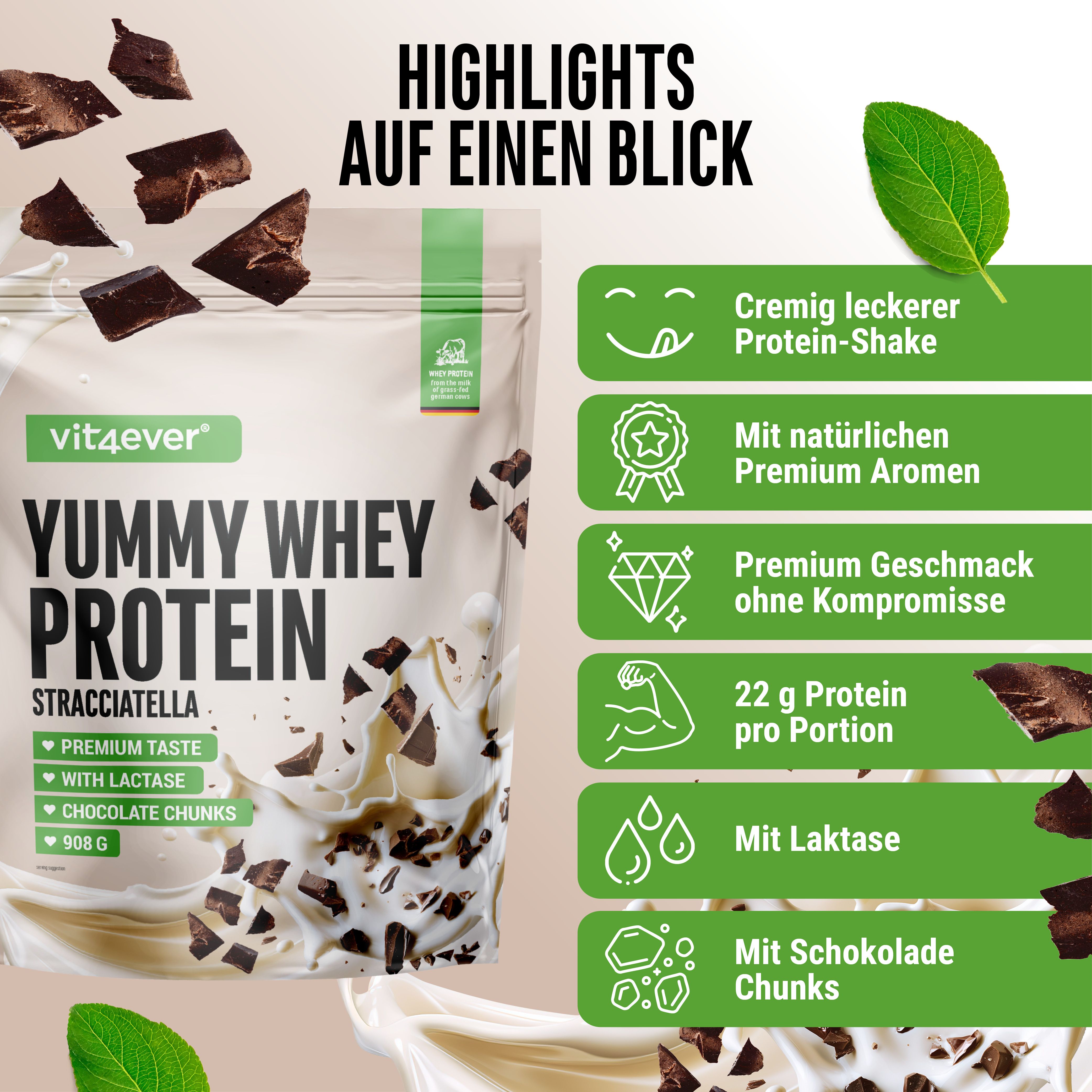 Yummy Whey Protein, Stracciatella-Geschmack. Highlights: cremig, natürlich, 22g Protein, mit Lactase, Schokostückchen.