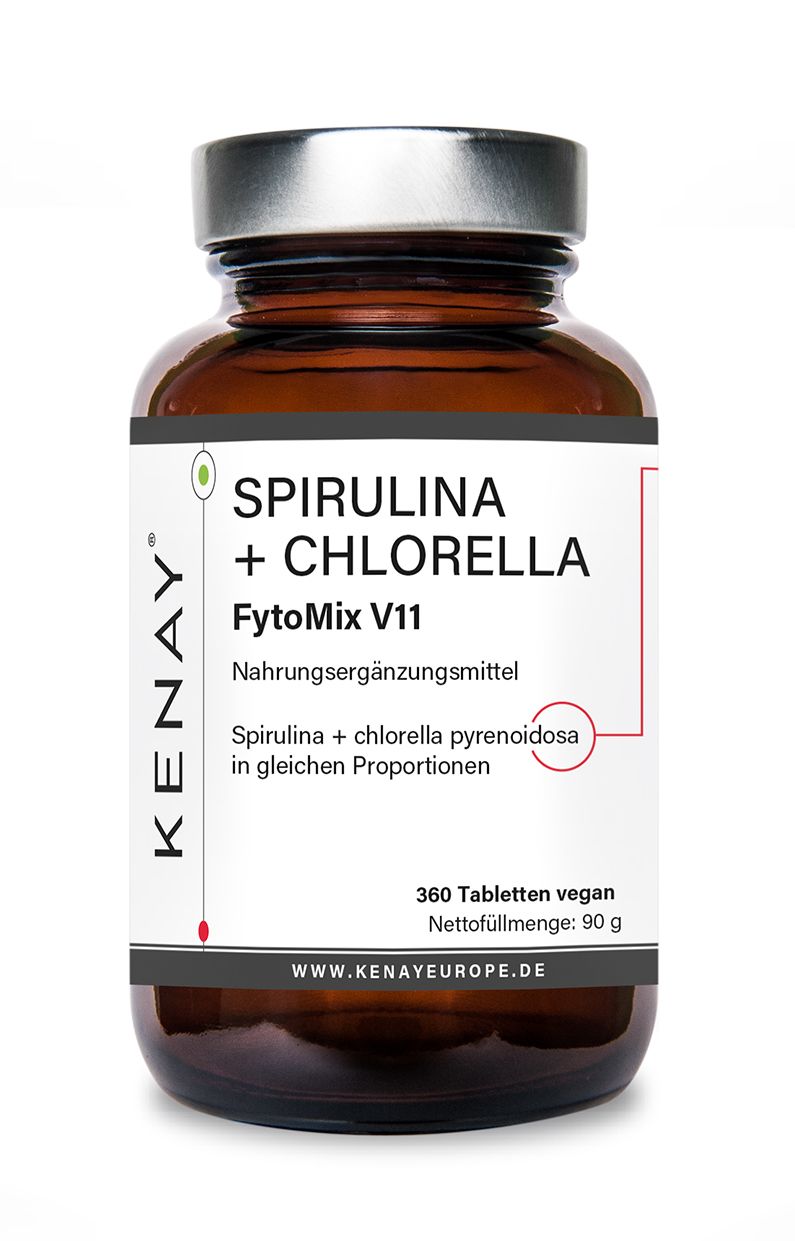 Braune Glasflasche mit weißem Etikett. Aufschrift: SPIRULINA + CHLORELLA FytoMix V11. 360 Tabletten, vegan. Marke KENAY.