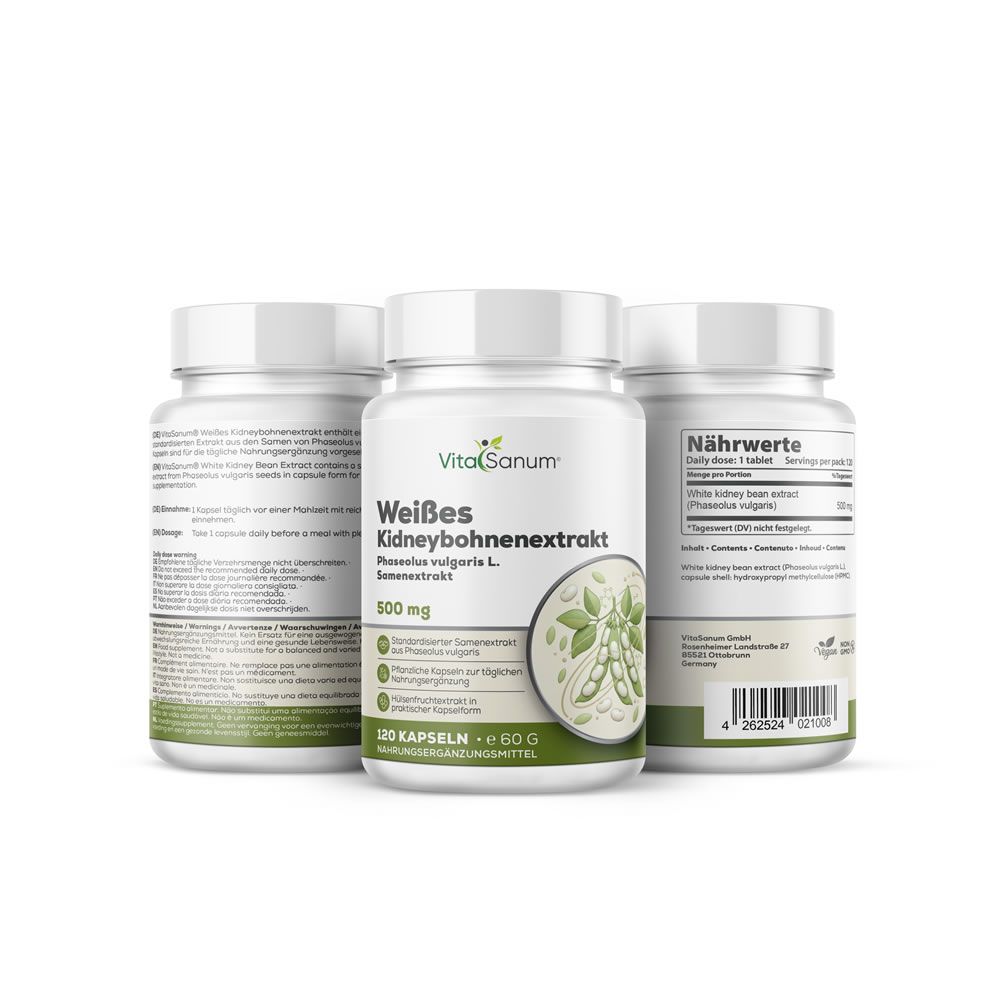 Drei Flaschen VitaSanum Weißes Kidneybohnenextrakt, 500 mg, 120 Kapseln.