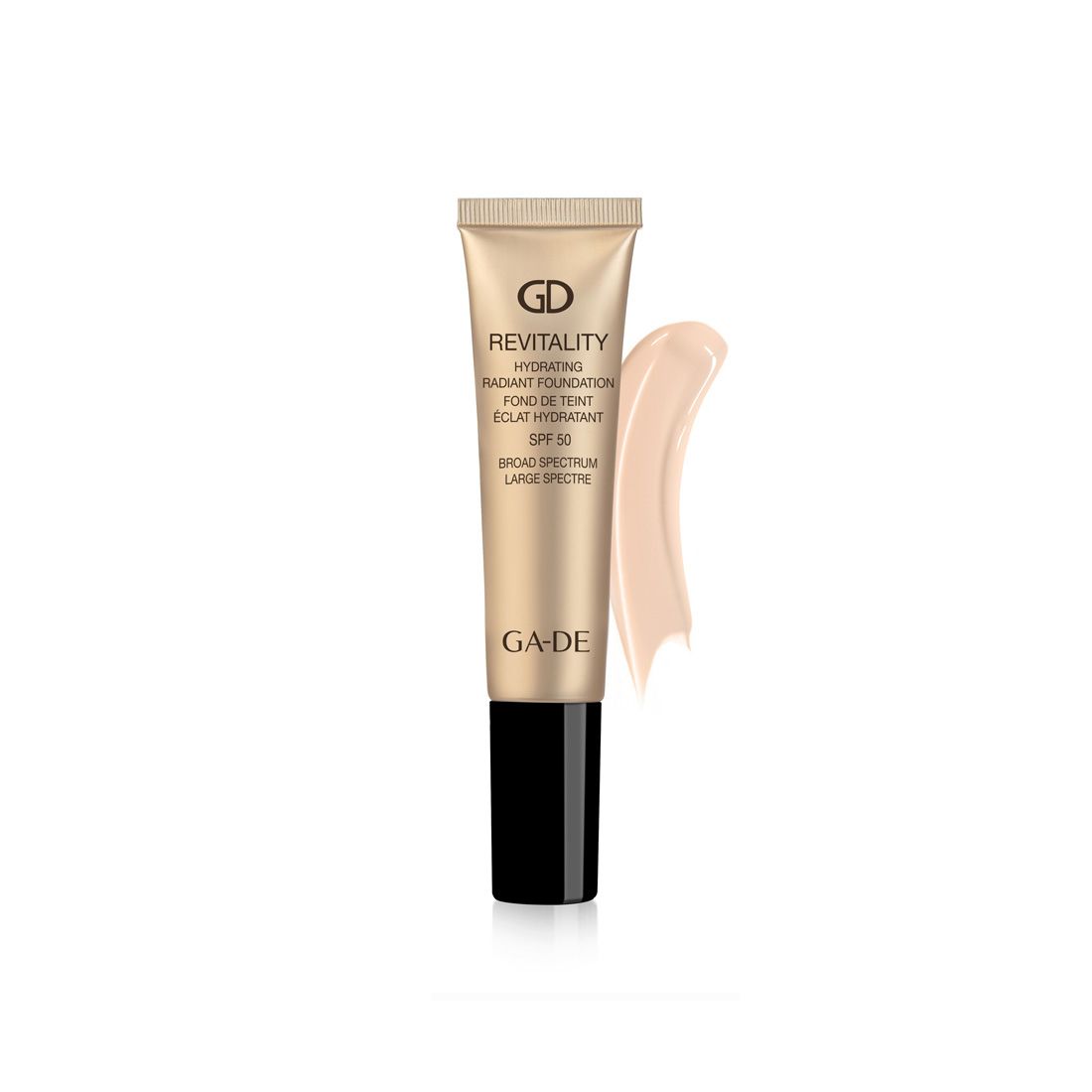 Goldfarbene Tube mit schwarzem Deckel. Aufschrift: Revitality Hydrating Radiant Foundation, SPF 50. Daneben ein Farbstrich.