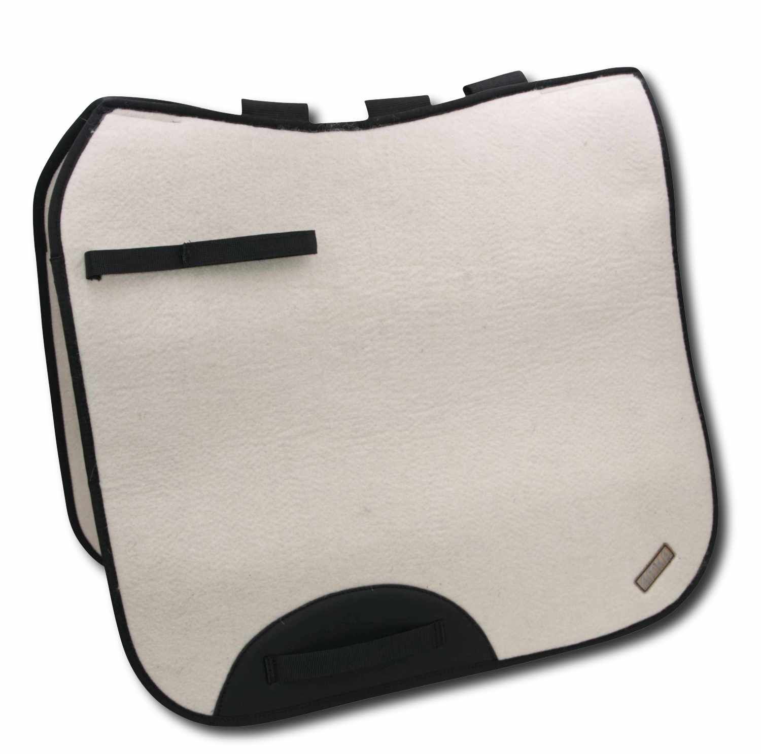 Reitpad aus cremefarbenem Stoff mit schwarzem Rand und Details. Schwarze Schlaufen und Griff. Rechteckige Form.