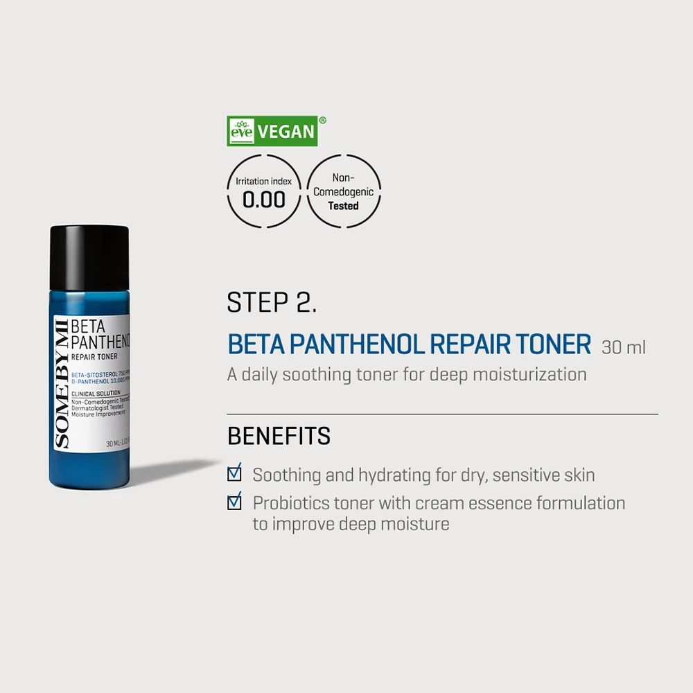 Blaue Flasche mit schwarzem Deckel. Aufschrift: Beta Panthenol Repair Toner. Vegan-Logo. Text daneben.