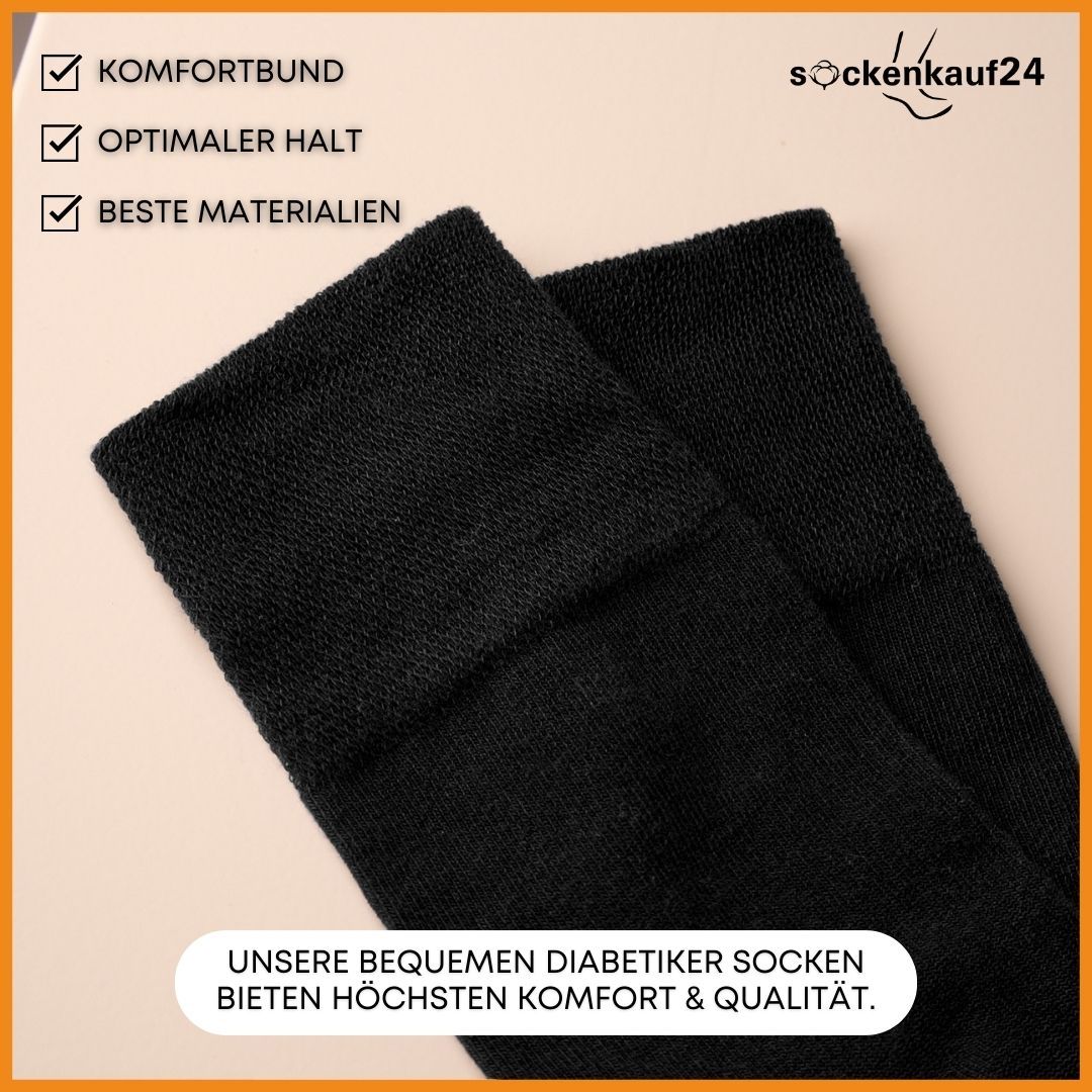 Nahaufnahme von schwarzen Socken. Komfortbund, optimaler Halt, beste Materialien. Text: Unsere bequemen Diabetiker Socken bieten höchsten Komfort & Qualität.