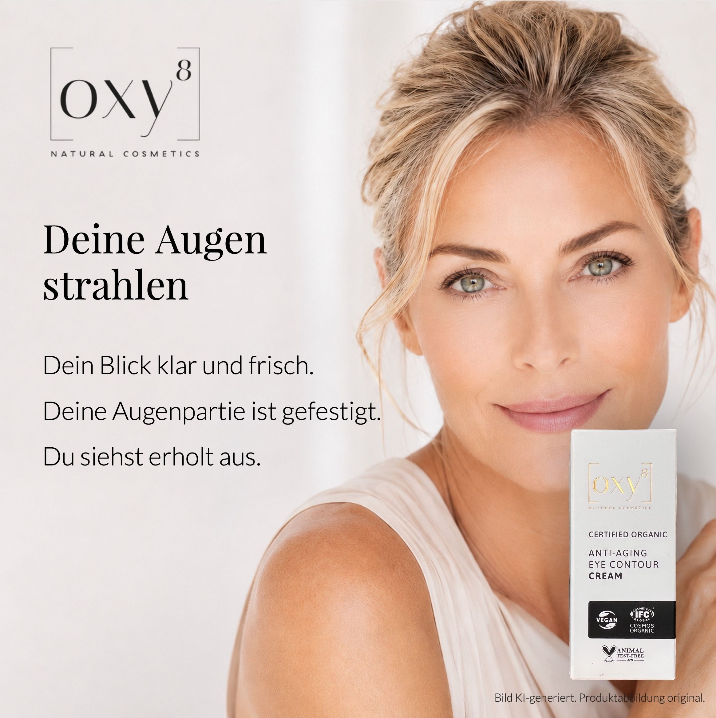 Frau mit strahlenden Augen, OXY8 Logo und Produkt.