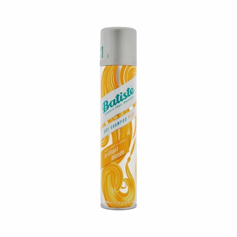 Zylindrische Sprühflasche. Aufschrift: Batiste, Instant Hair Refresh, Dry Shampoo, Brilliant Blonde. Gelbe Haarillustrationen.