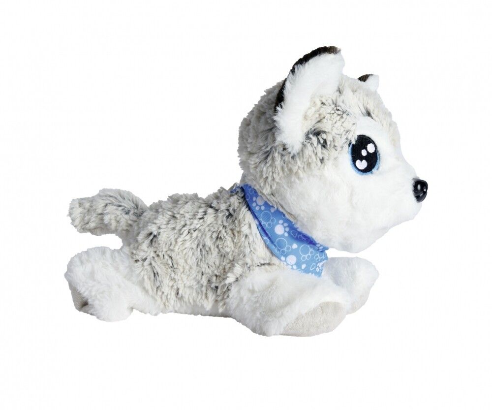 Plüschhund mit blauem Halstuch. Weiß-graues Fell, blaue Augen. Seitliche, laufende Position.