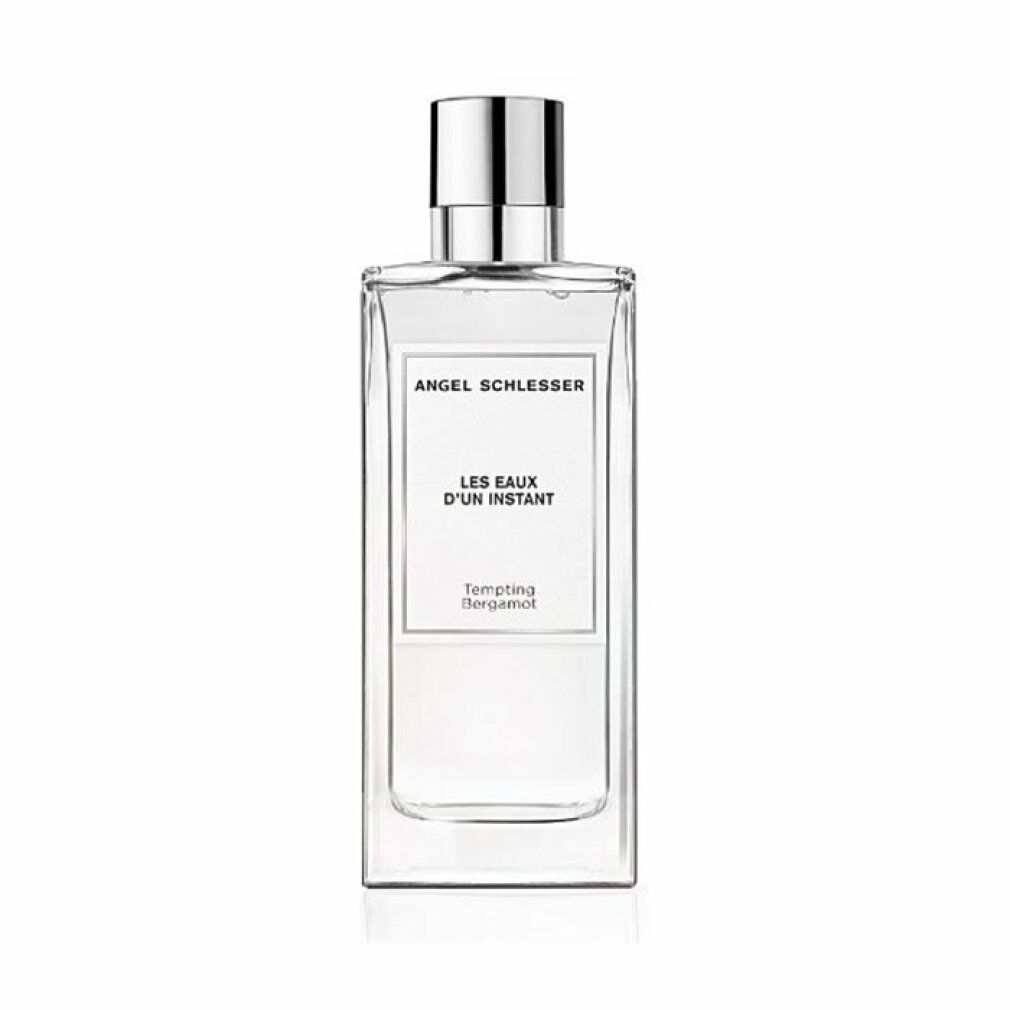 Rechteckige Glasflasche mit silbernem Verschluss. Aufschrift: Angel Schlesser, Les Eaux d'Un Instant, Tempting Bergamota.