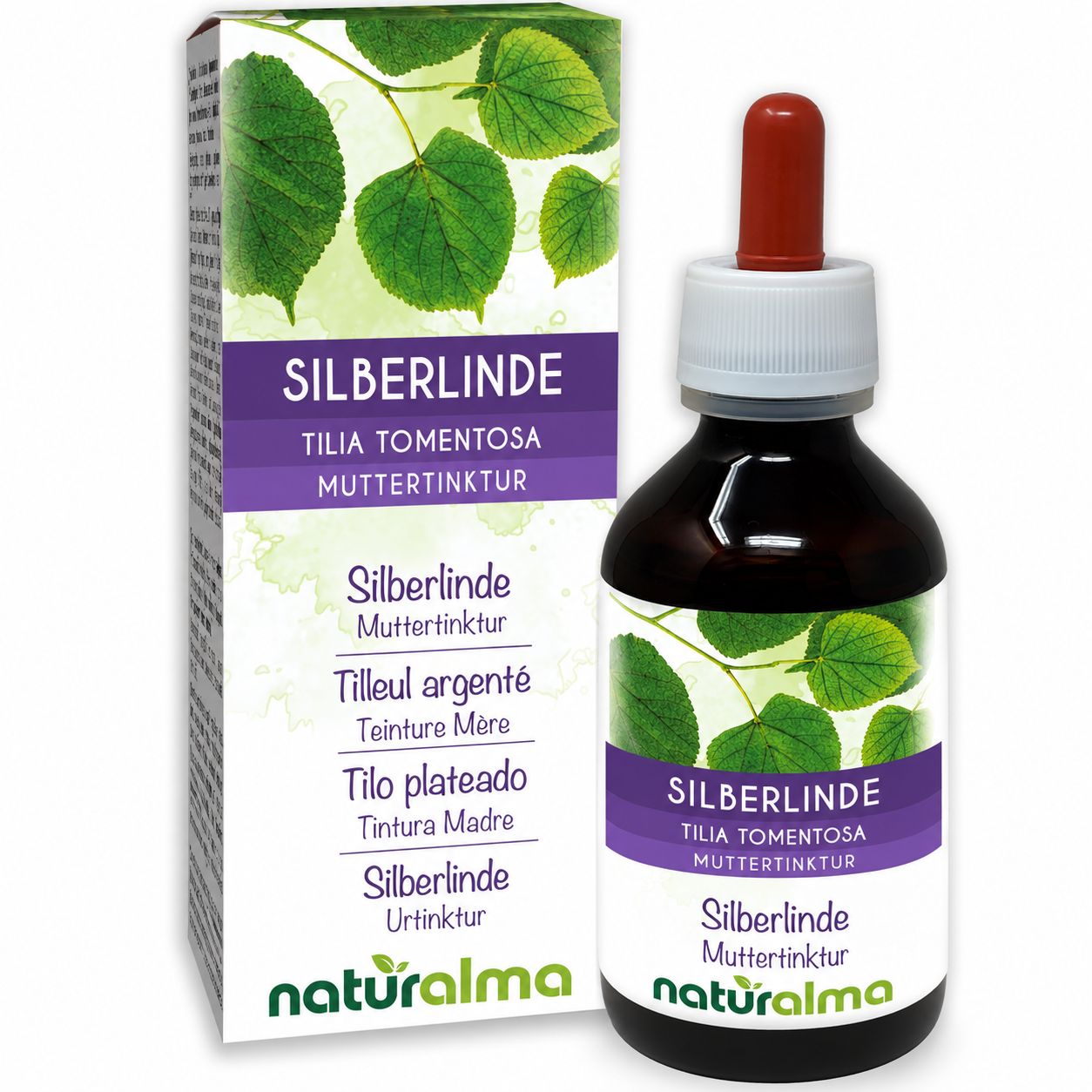 Silberlinde Muttertinktur von Naturalma in Braunglasflasche mit Pipette und Faltschachtel.