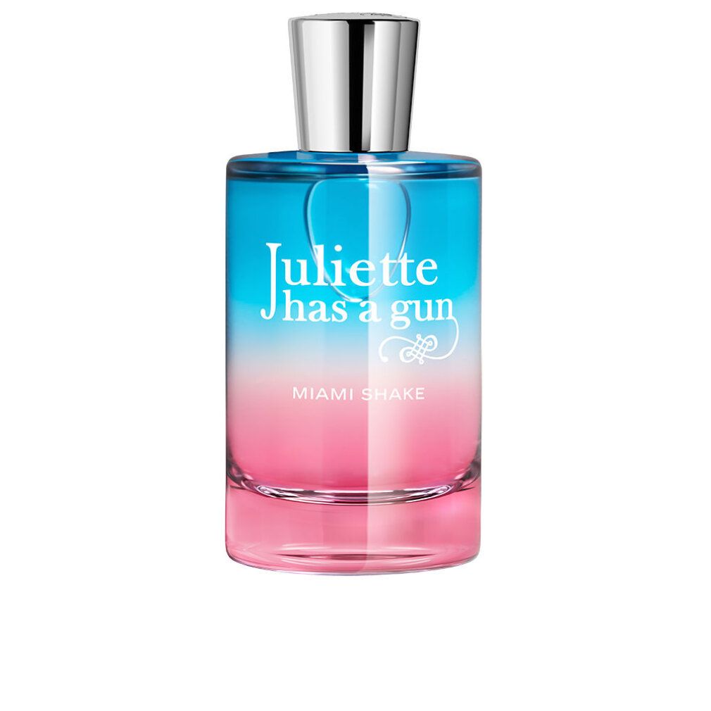 Juliette Has A Gun Miami Shake Eau de Parfum Flakon mit silbernem Verschluss. Farbverlauf von Blau zu Rosa.