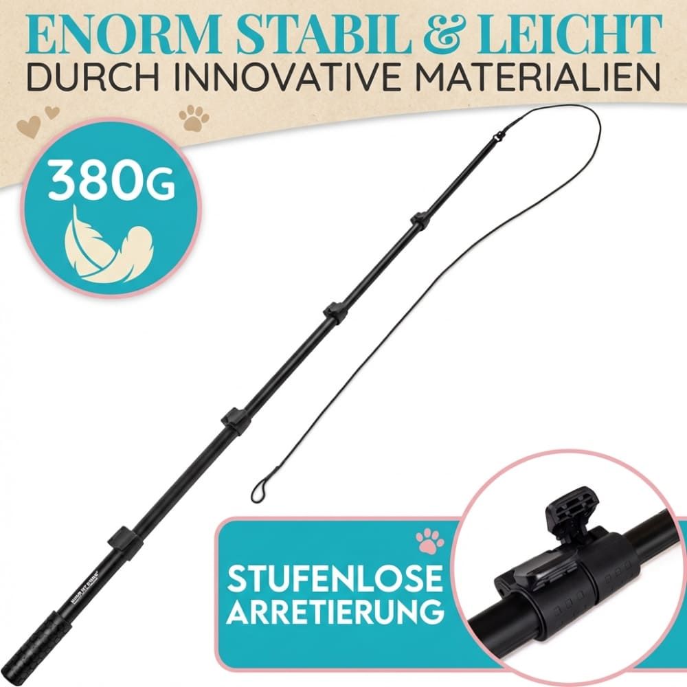 Schwarze Reizangel mit Teleskopstab und Seil. Text: Enorm stabil & leicht durch innovative Materialien. Gewicht: 380g. Stufenlose Arretierung.
