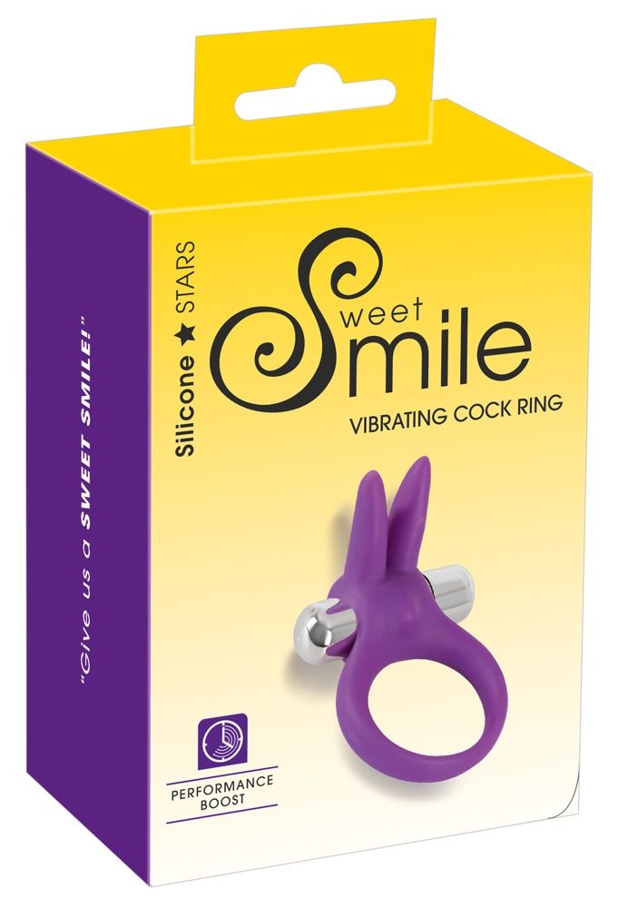 Verpackung mit lila Vibrationsring. Aufschrift 'Sweet Smile' und 'Vibrating Cock Ring'.