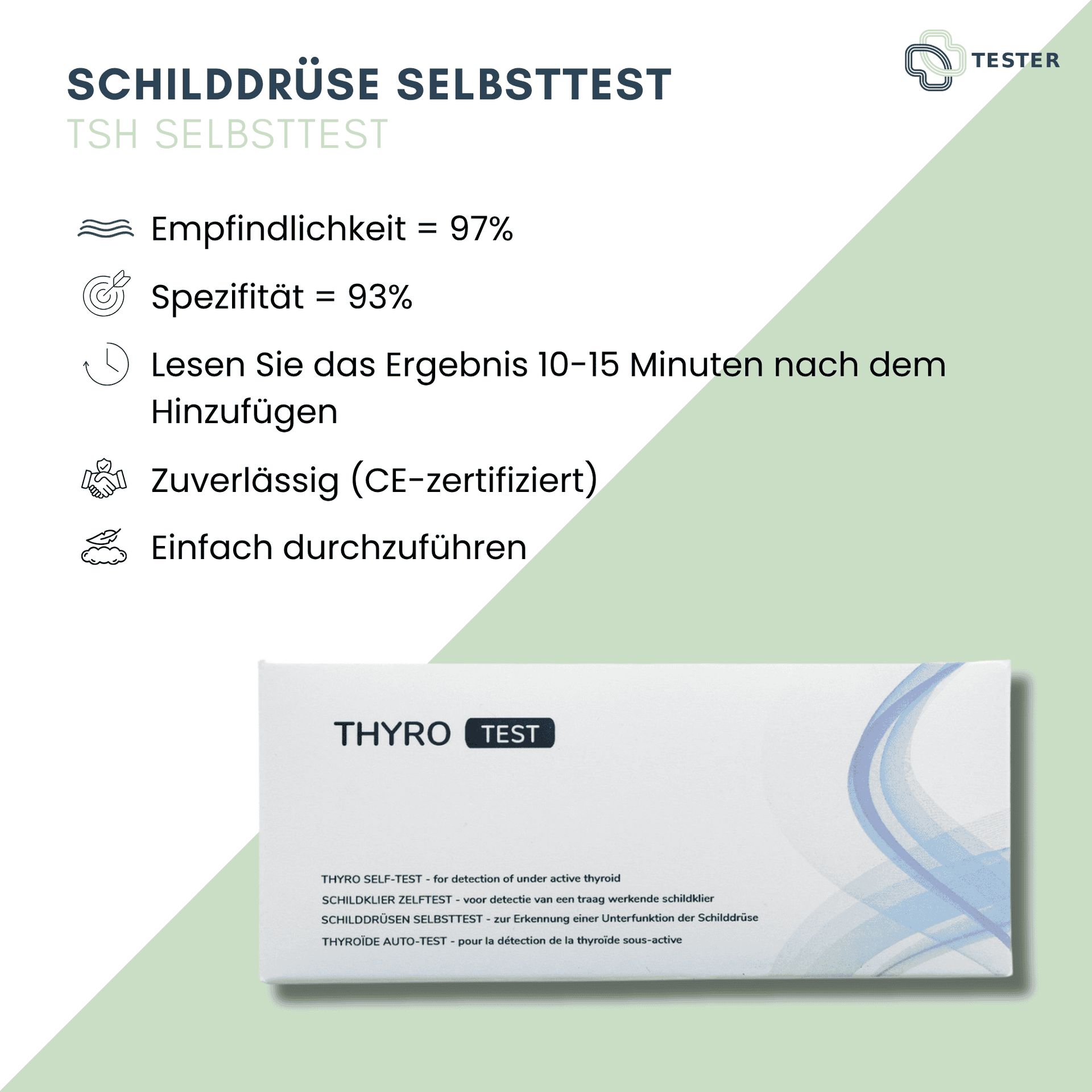 Informationen zum Schilddrüsen-Selbsttest: Empfindlichkeit, Spezifität, Ergebniszeit, CE-Zertifizierung und einfache Anwendung.