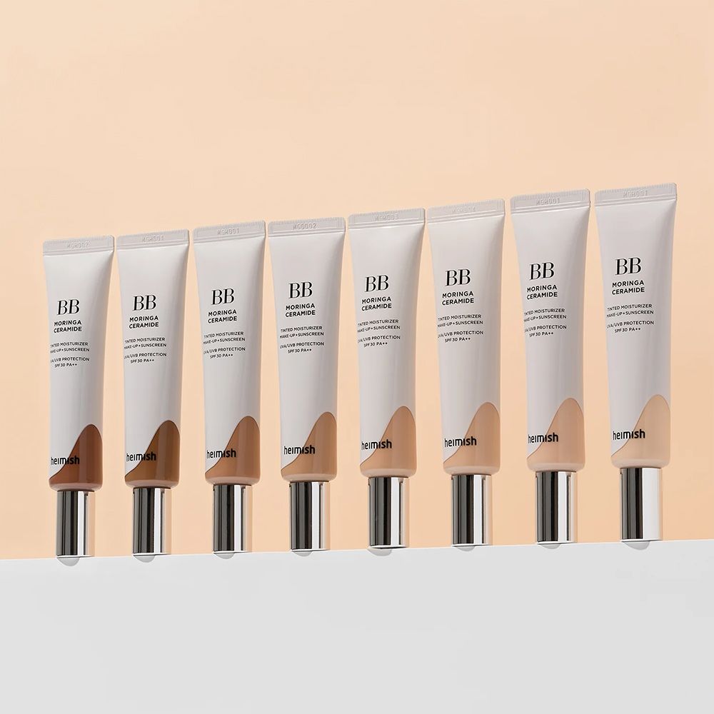 Reihe von BB Moringa Ceramide BB Cream Tuben in verschiedenen Farbtönen.
