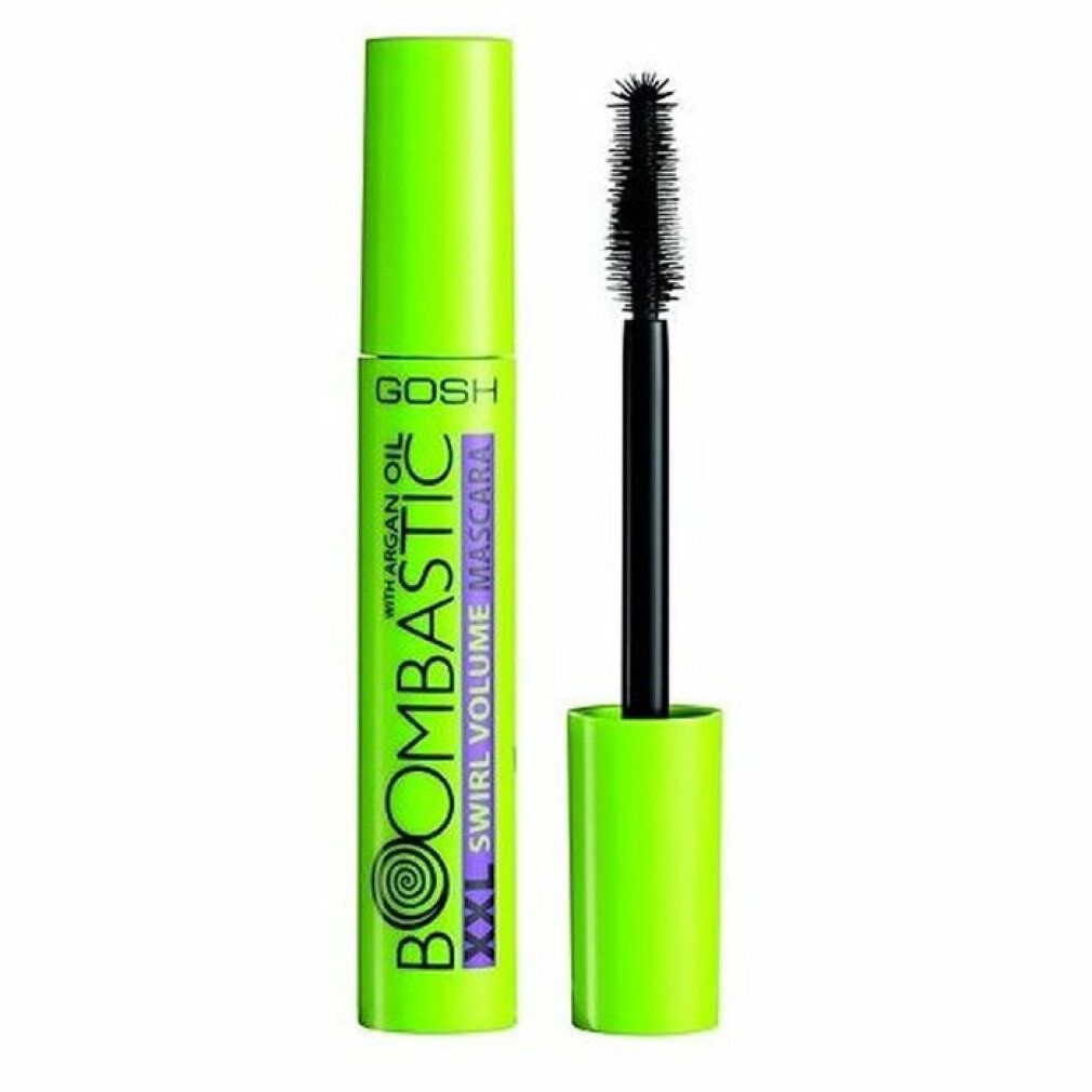 Grüne Mascarahülse mit schwarzer Bürste. Text: GOSH, BOOMBASTIC XXL SWIRL VOLUME MASCARA, mit Arganöl.