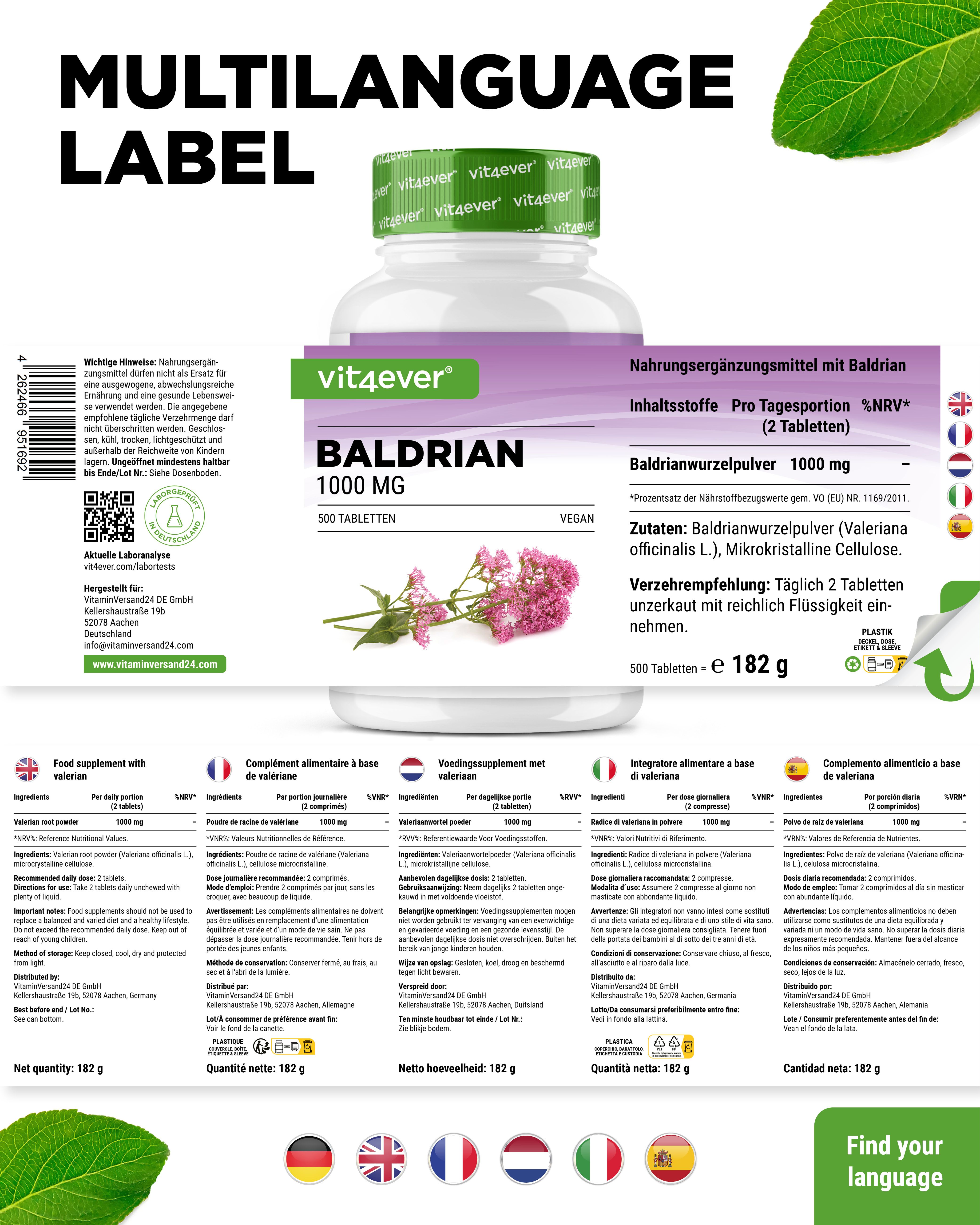 Produktflasche mit mehrsprachigem Etikett. Aufschrift: vit4ever, Baldrian 1000 MG, 500 Tabletten. Zusätzliche Informationen.