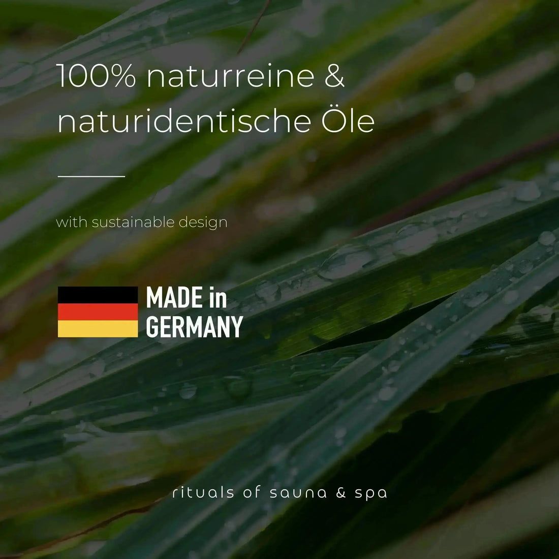 Grüner Hintergrund mit Gräsern. Text: 100% naturreine & naturidentische Öle, Made in Germany, mit nachhaltigem Design.