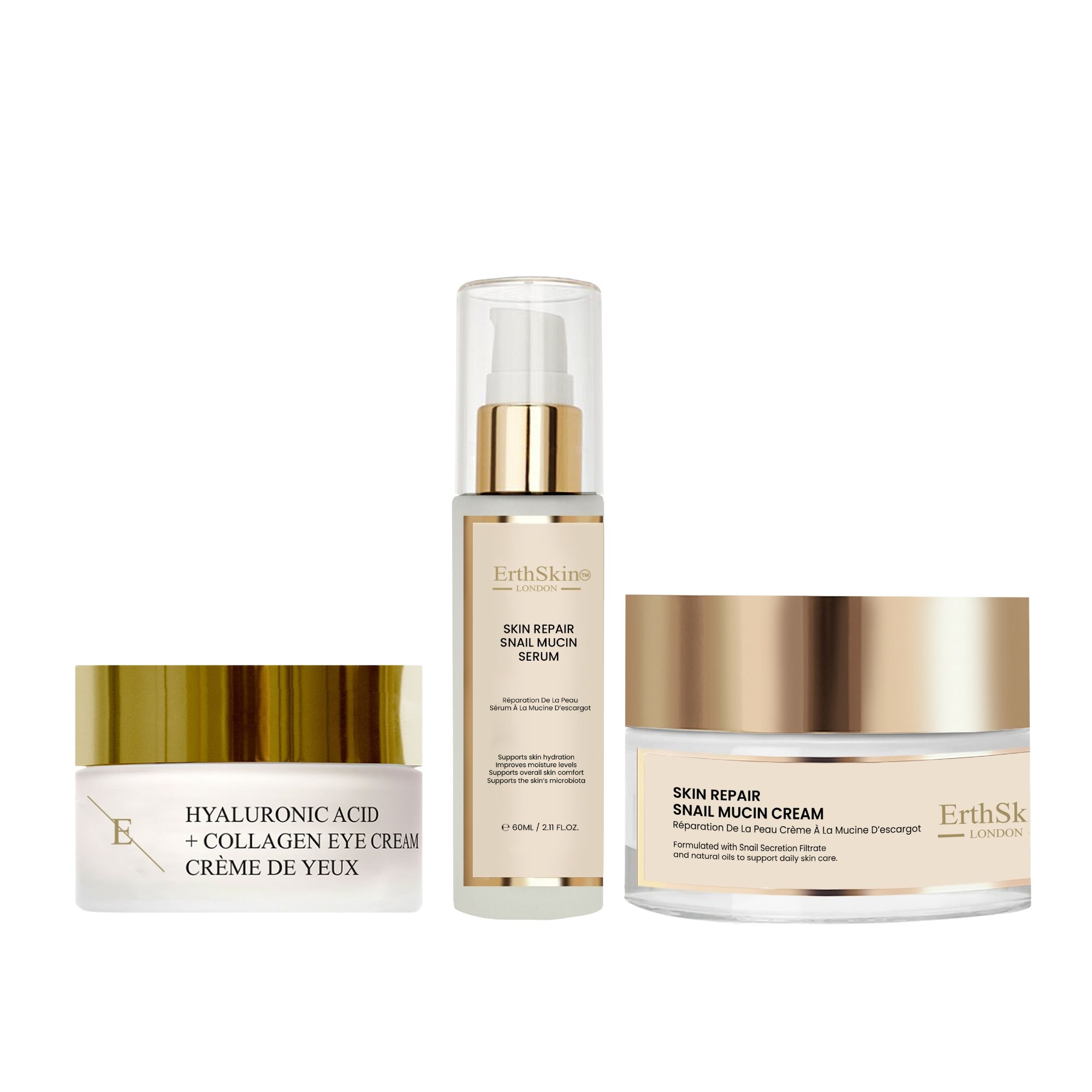 Hautpflegeprodukte: Schneckencreme, Hautreparatur-Schneckenserum und Hyaluron-Kollagen-Augencreme.