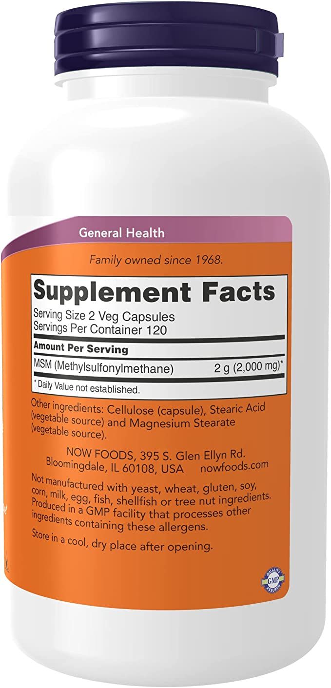 Weiße Flasche mit lila Deckel. Aufkleber mit Text: Supplement Facts, MSM, 2 g. GMP-Zertifizierung.