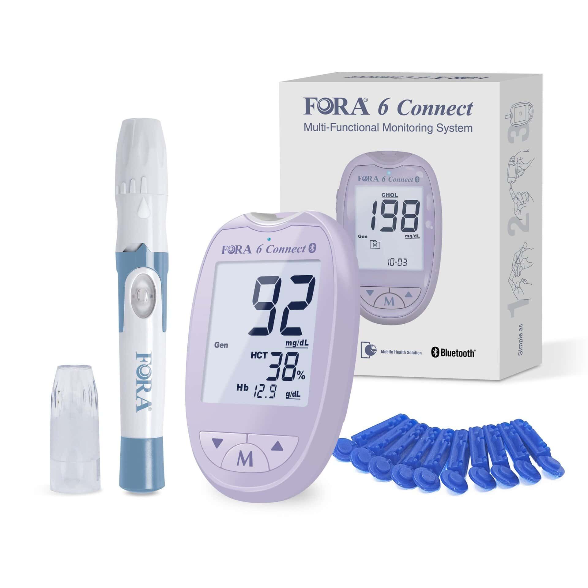 FORA 6 Connect 6-in-1 Starter-Kit: Messgerät, Lanzetten, Teststreifen für Glukose, Keton, Hämoglobin, Hämatokrit, Harnstoff.
