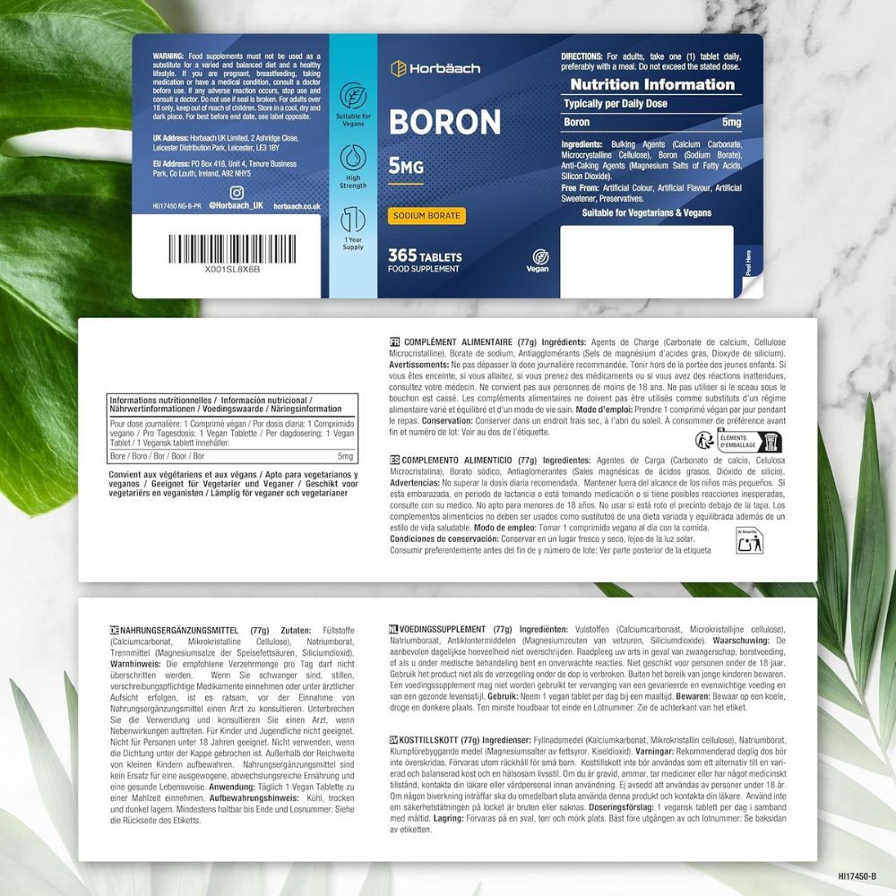 Produktverpackung mit Informationen. Aufschrift: BORON, 5MG, 365 Tabletten. Inhaltsstoffe, Nährwertangaben, Anwendungshinweise.