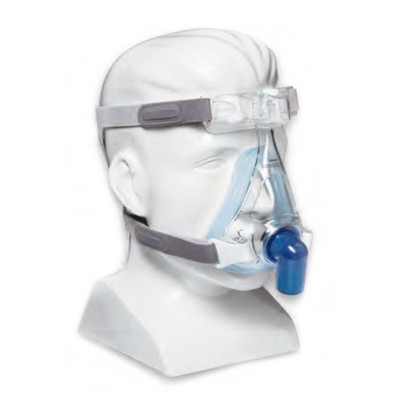 Atemmaske auf einem Büstenmodell. Die Maske hat einen transparenten Rahmen, blaue und graue Elemente und ein Kopfband.