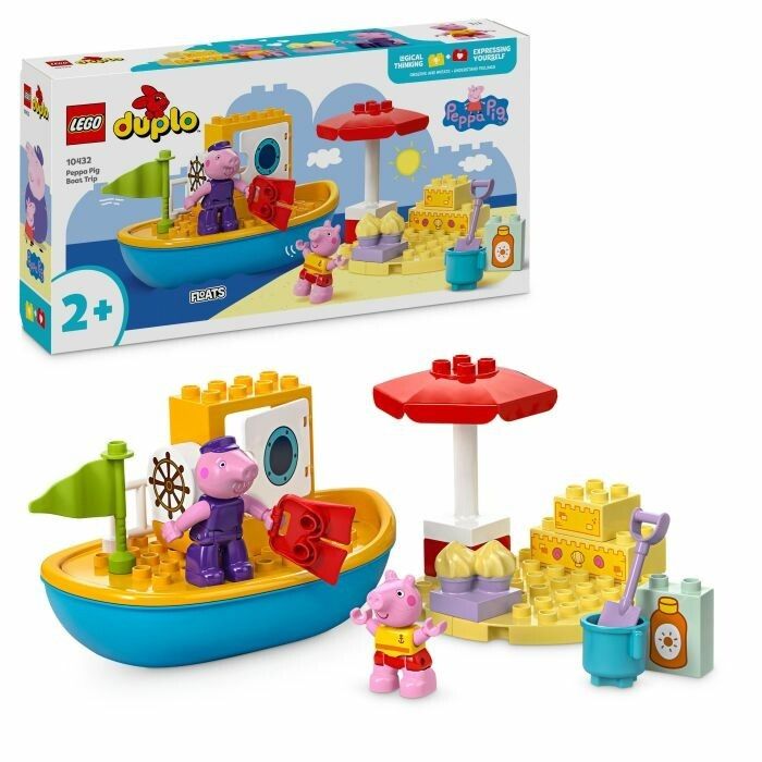 LEGO Duplo Set. Enthält eine gelbe und blaue Bootskonstruktion mit Peppa Pig Figuren, Strandzubehör und Verpackung.