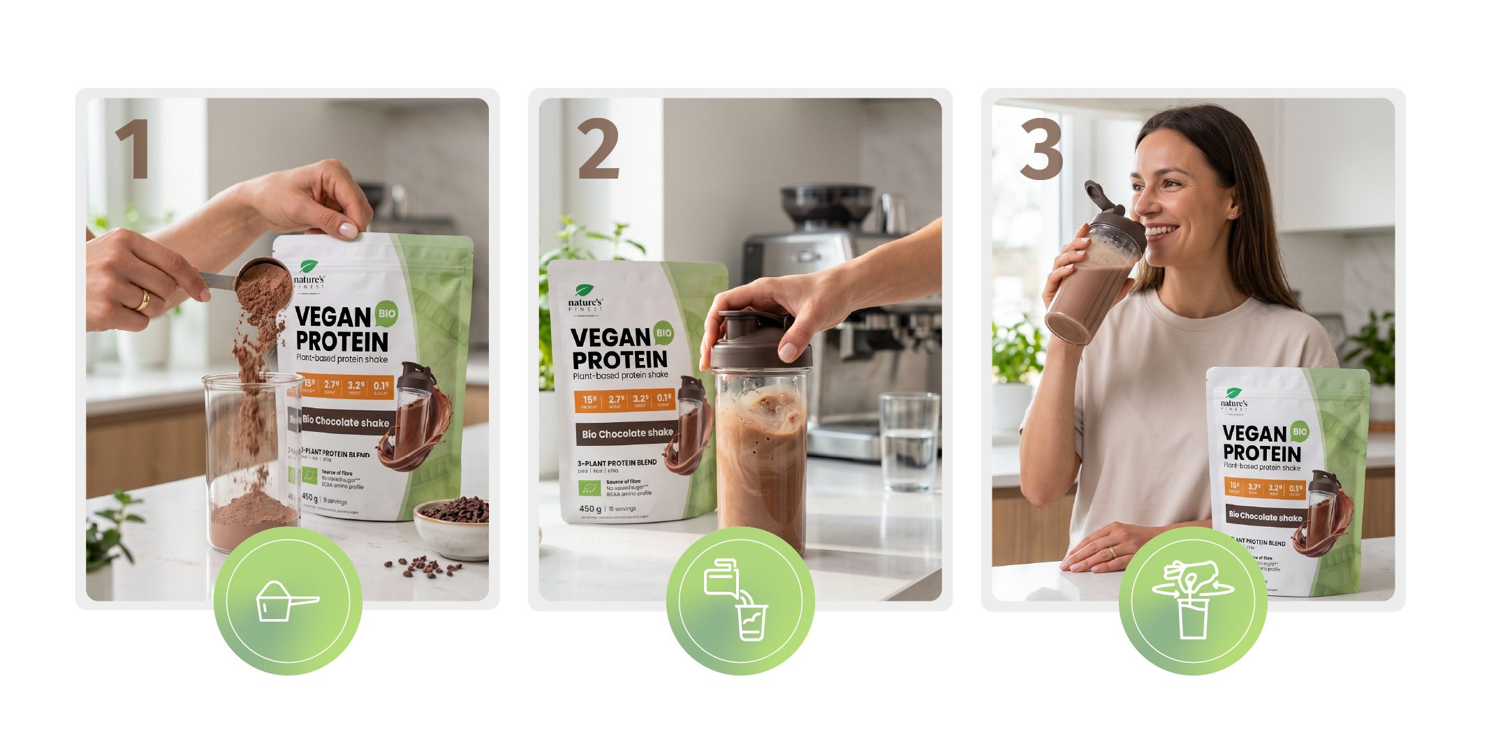 Anleitung zur Zubereitung eines Proteinshakes: Pulver entnehmen, mischen, genießen.