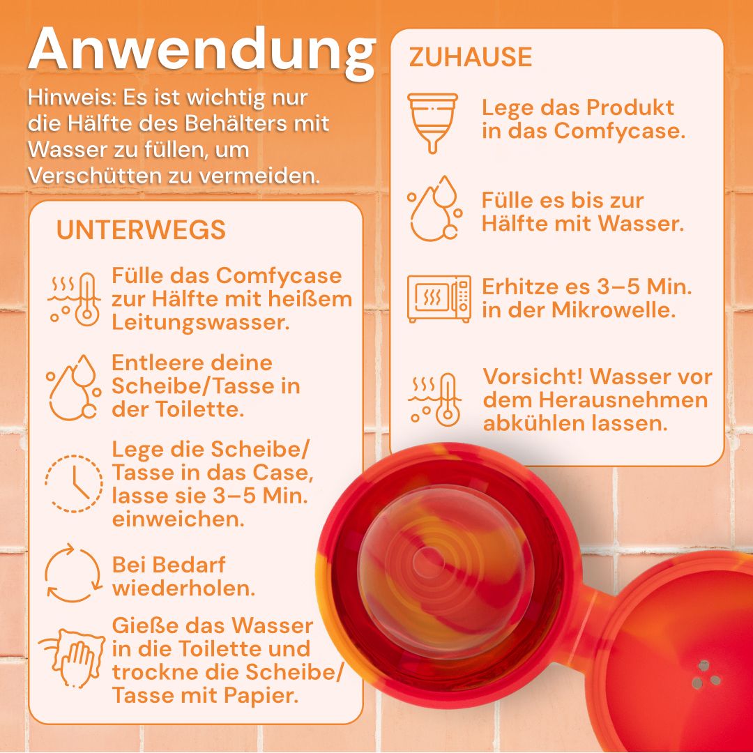 Roter und oranger Sterilisationsbehälter für Menstruationstassen und -scheiben, mit Maßen 92,5mm x 58,5mm.