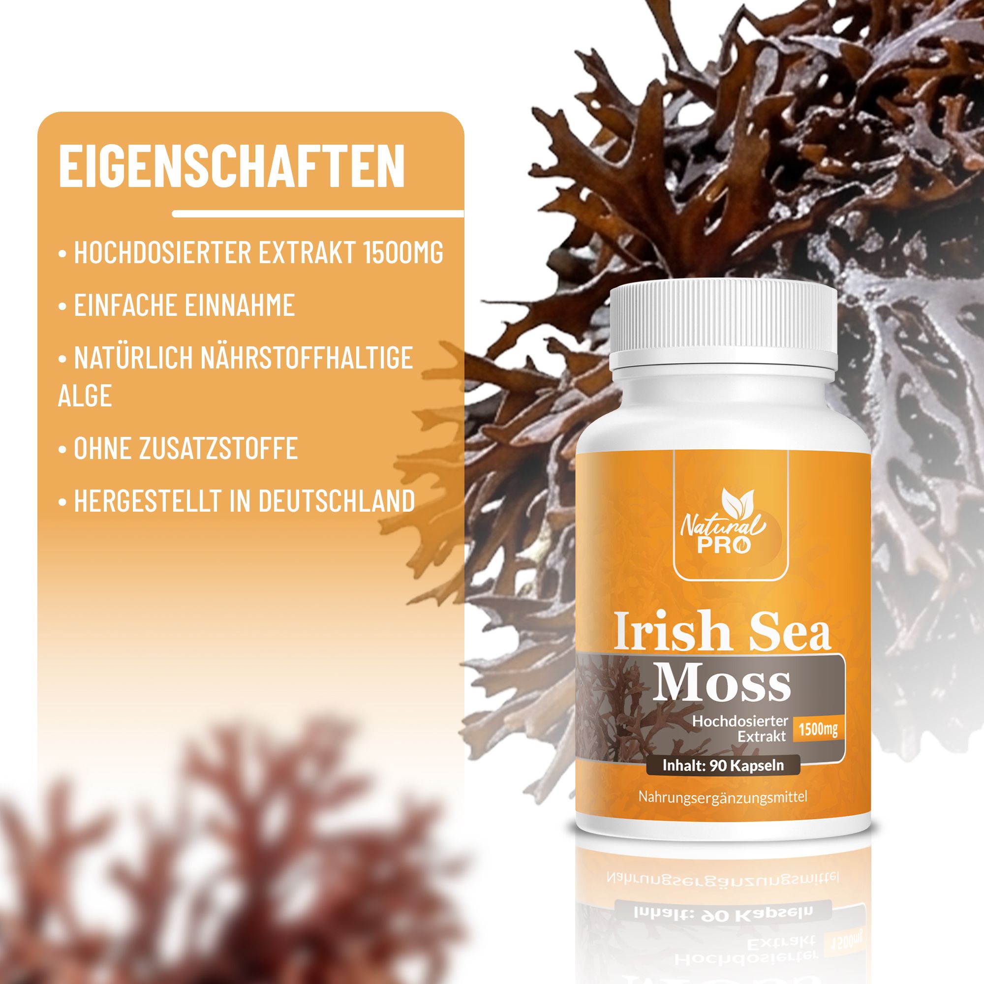 Flasche mit orangefarbenem Etikett. Beschriftung: Irish Sea Moss, 1500mg, 90 Kapseln. Natural Pro Logo. Eigenschaften werden aufgelistet.