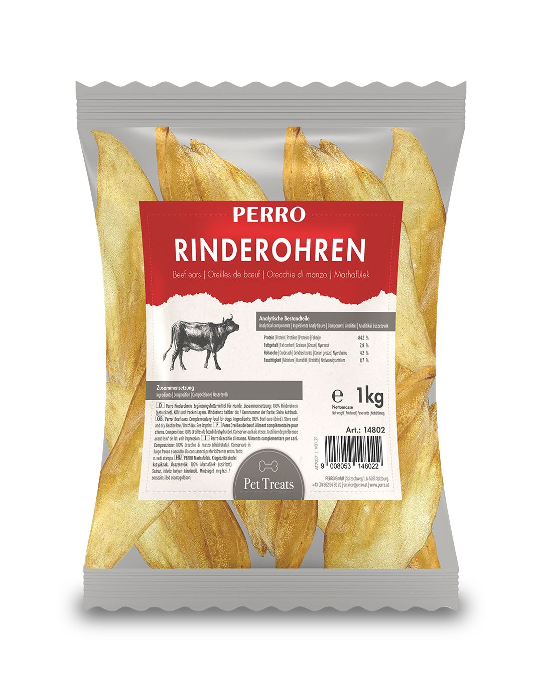 Verpackung mit getrockneten Rinderohren. Aufschrift: PERRO RINDEROHREN. Enthält 1 kg. Abbildung einer Kuh.