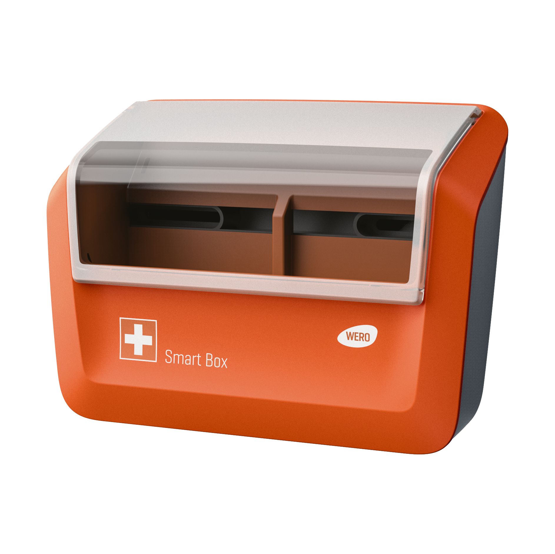 Orange WERO Smart Box® Pflasterspender mit transparentem Deckel. Weißes Kreuz-Symbol. Schwarze Innenfächer.
