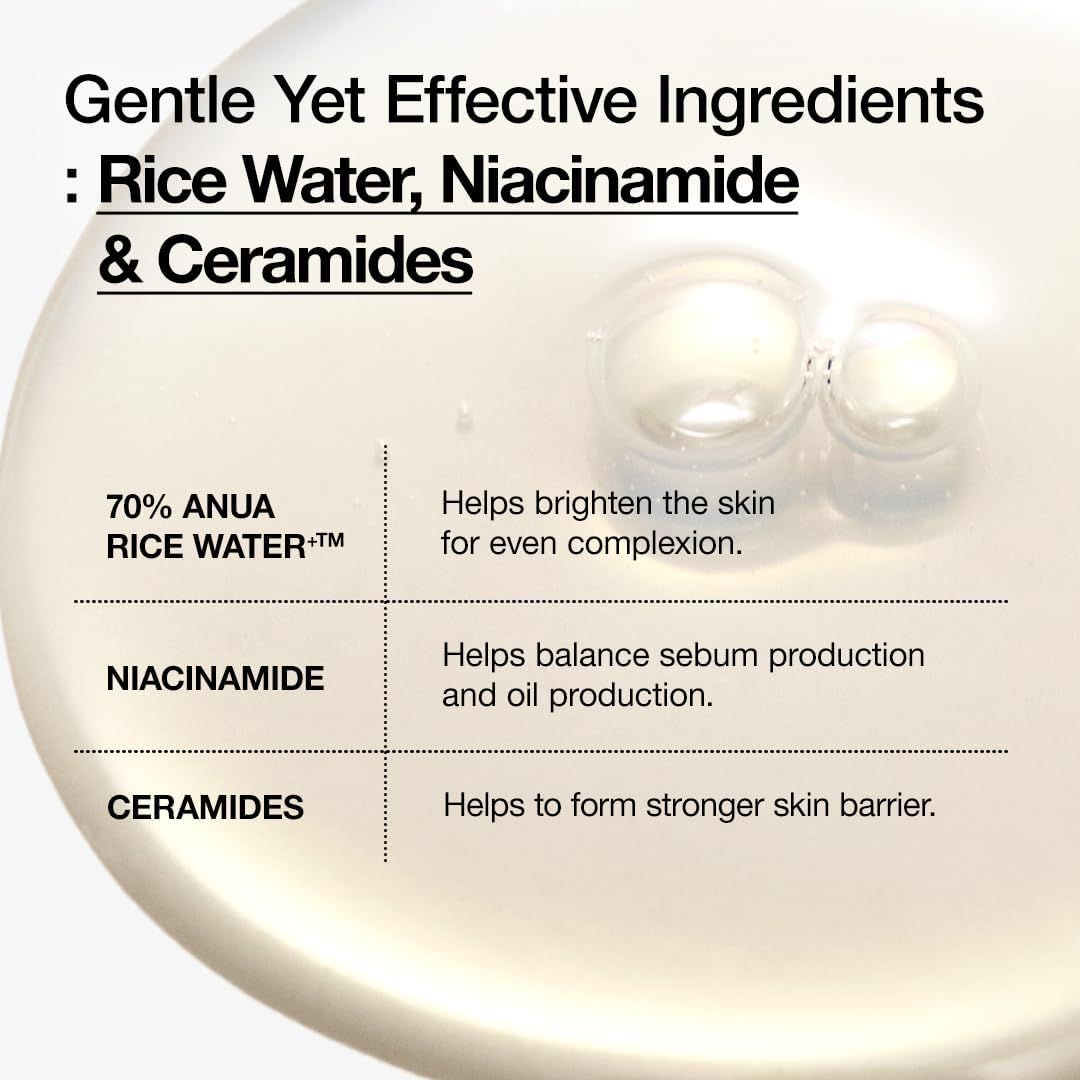 Text mit Inhaltsstoffen: Rice Water, Niacinamide & Ceramides. 70% Anua Rice Water, Niacinamide, Ceramides.