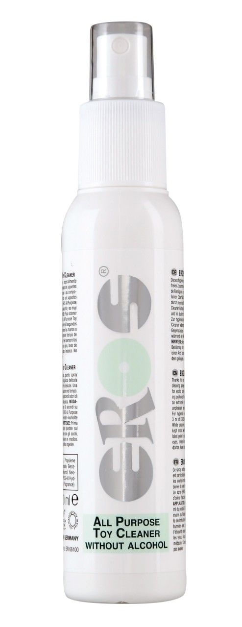 Weiße Sprühflasche mit EROS-Logo und Text: ALL PURPOSE TOY CLEANER WITHOUT ALCOHOL.