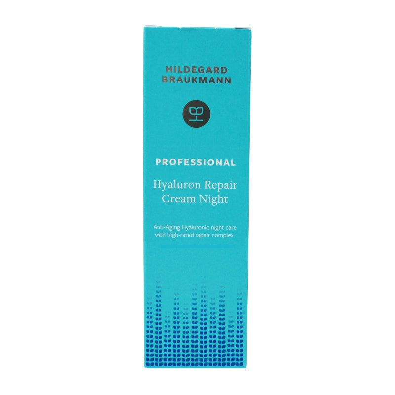 Türkisfarbene Schachtel. Oben: Marke Hildegard Braukmann. Text: PROFESSIONAL Hyaluron Repair Creme Nacht. Logo. Unten: Text.