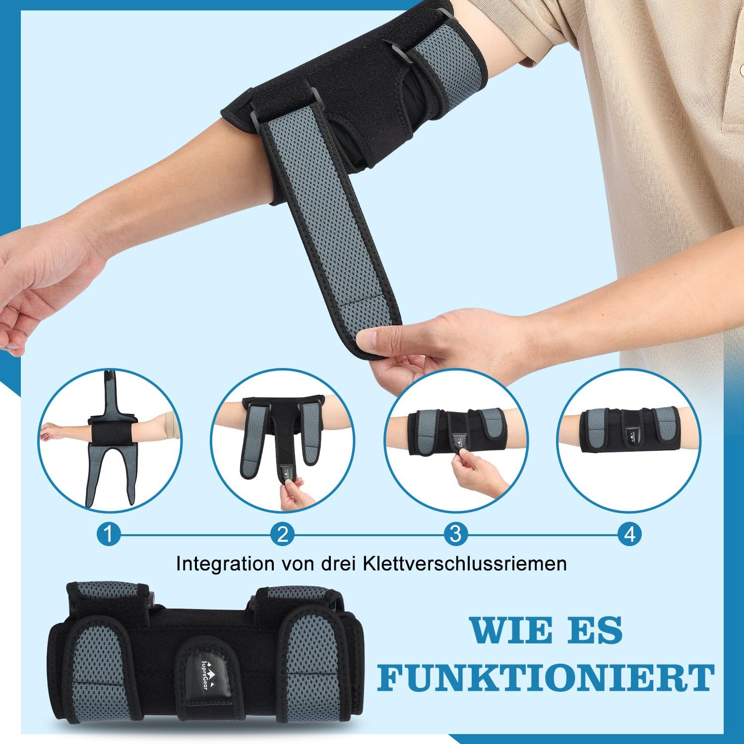 Schwarzer Ellenbogen-Stabilisator mit Klettverschlüssen und atmungsaktivem Material.