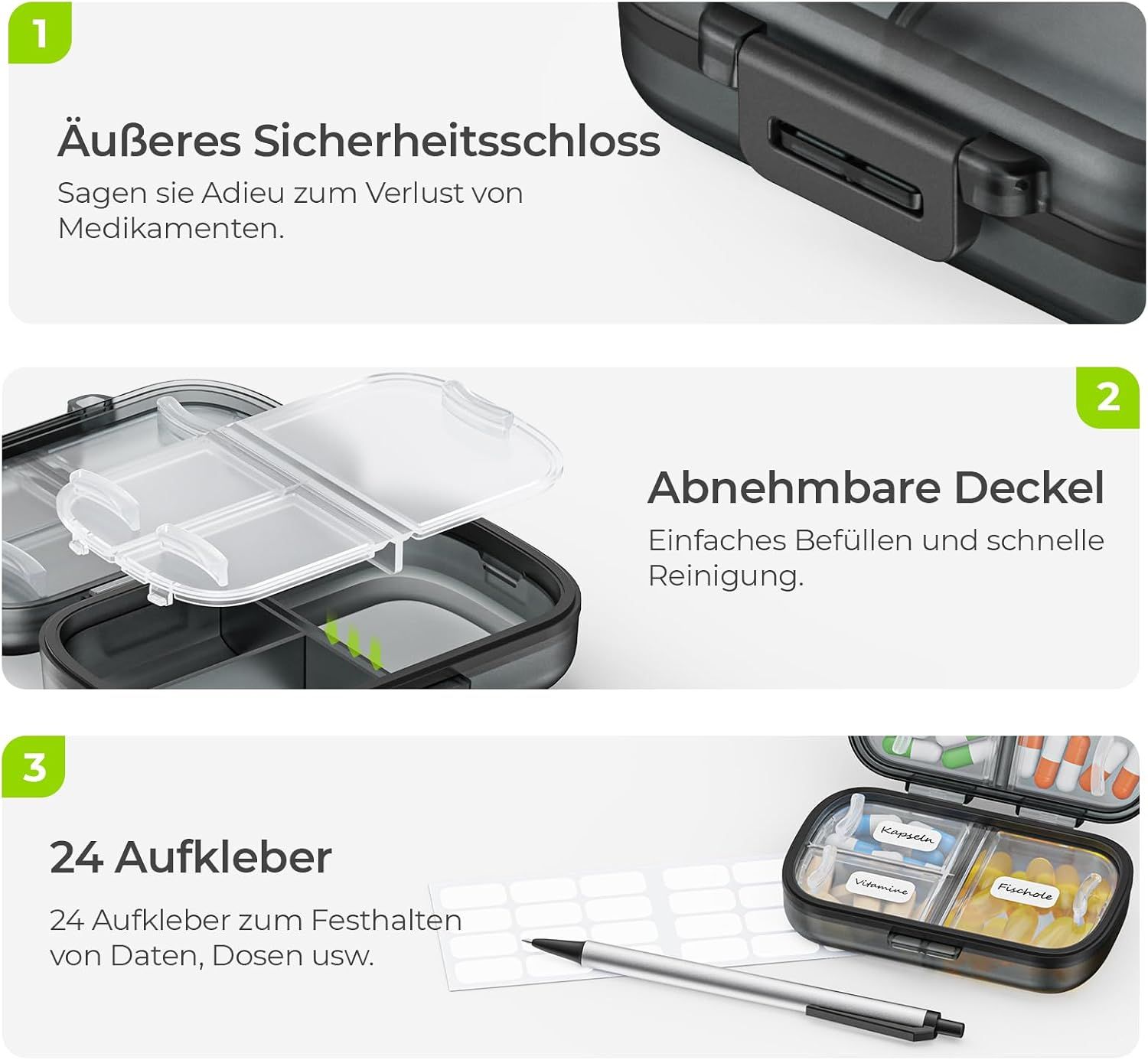 Schwarze Pillendose mit 4 Fächern, gefüllt mit Pillen und Kapseln.