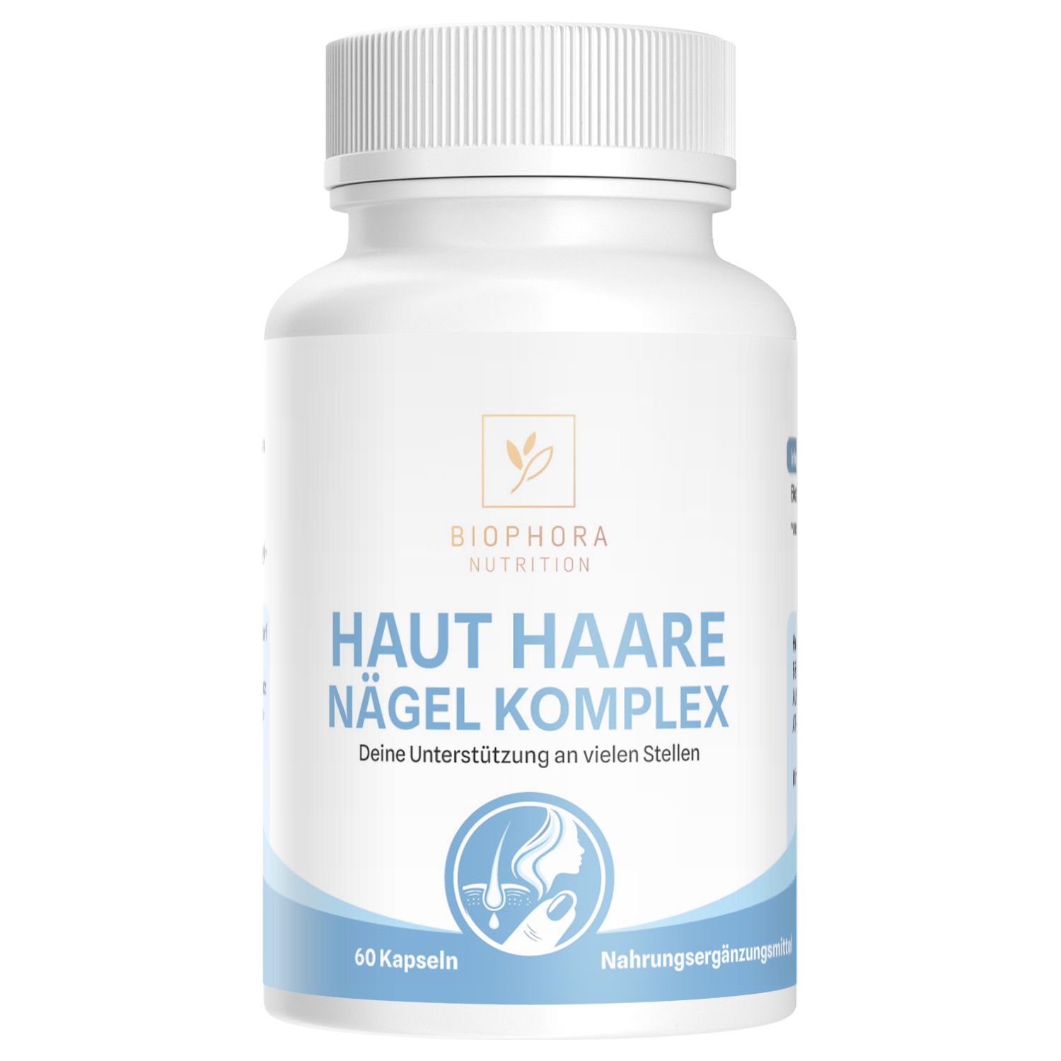 Weiße Flasche mit Aufschrift: Biophora Nutrition, Haut Haare Nägel Komplex. 60 Kapseln. Logo.