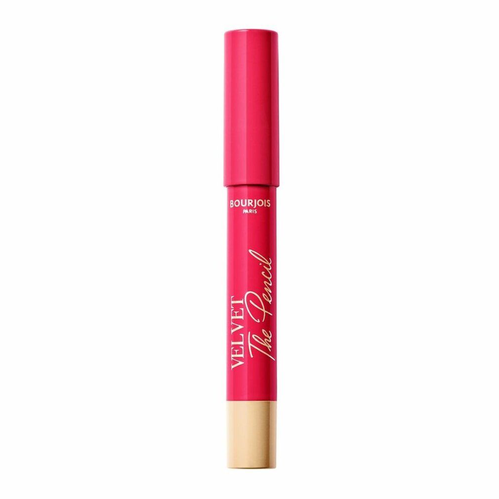 Lippenstiftstift, pinkfarben, mit goldfarbener Schrift. Aufschrift: Bourjois Paris, Velvet The Pencil. Unterteil beige.